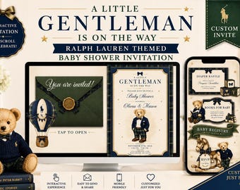 Invitación para baby shower con osito de peluche estilo preppy / Invitación digital interactiva / Baby shower para niño pequeño / Invitación personalizada para baby shower de niño