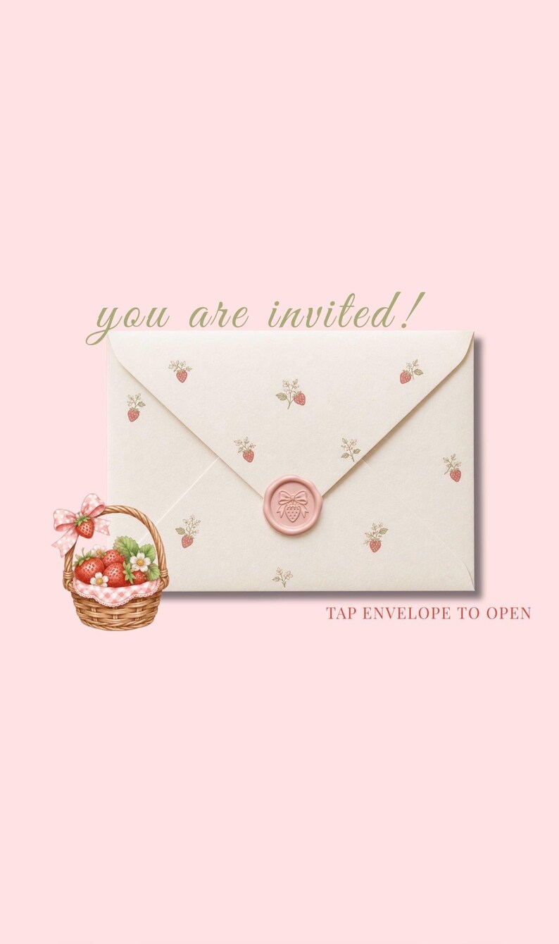May include: A cream-colored envelope with a strawberry pattern and a pink wax seal featuring a bow, accompanied by a small woven basket filled with strawberries and a pink bow. Text reads: you are invited! and TAP ENVELOPE TO OPEN.
