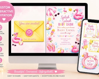 Invitación para fiesta de bienvenida de bebé con temática de salpicaduras / Invitación interactiva personalizada para baby shower / Incluye confirmación de asistencia y registro / Invitación digital para baby shower de verano