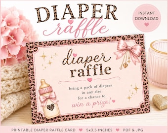 Tarjeta imprimible para rifa de pañales con estampado de leopardo rosa, inserto para rifa de pañales para baby shower, juego para baby shower de niña, inserto imprimible para baby shower, tarjeta para rifa de pañales instantánea