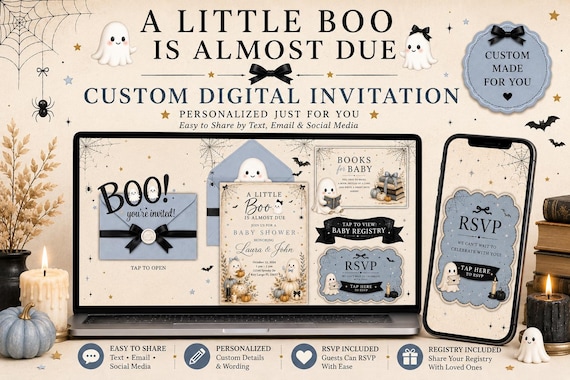 A Little Boo Is Almost Due, Halloween Baby Shower Invitation, Custom Digital Invitation, Interactive Invite, RSVP, Baby Registry