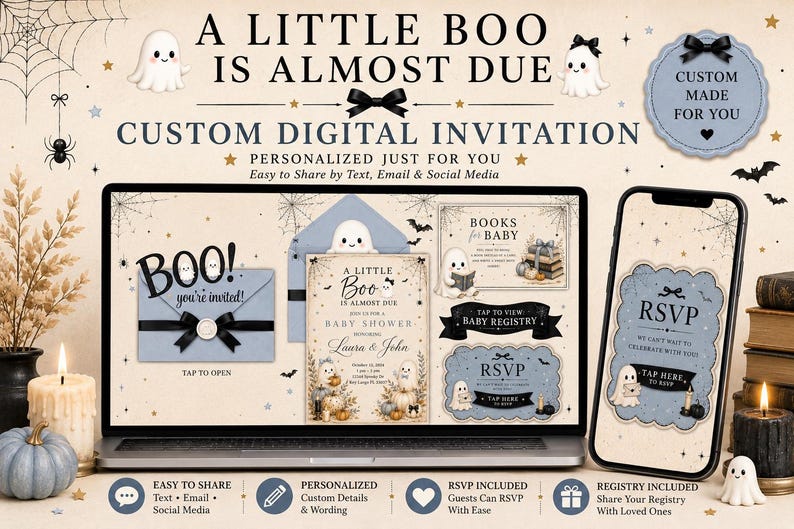 May include: A digital baby shower invitation set featuring ghost illustrations, pumpkins, and black bows. The screen displays text including A LITTLE BOO IS ALMOST DUE, RSVP, and BABY REGISTRY. The design uses a cream, blue, and black color palette.