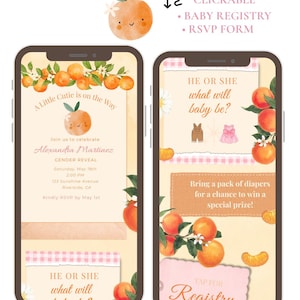 May include: Two smartphone screens displaying a gender reveal invitation with orange and floral illustrations. The invitation includes the text "A Little Cutie is on the Way" and "He or She what will baby be?" with a baby registry and RSVP form.
