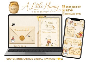 Op de afbeelding: Een digitale babyshower uitnodigingsset weergegeven op een laptop- en smartphonescherm. Het ontwerp bevat Winnie de Poeh, honingpotten en bijen met de tekst A Little Hunny is on the way, Madison Smith, You are invited en RSVP.