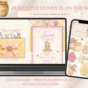 May include: A digital baby shower invitation set displayed on a laptop and smartphone screen featuring Winnie the Pooh characters, pastel pink and yellow gingham patterns, honey pots, and bees with the text Our Little Hunny Is On The Way.