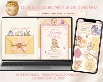 May include: A digital baby shower invitation set displayed on a laptop and smartphone screen featuring Winnie the Pooh characters, pastel pink and yellow gingham patterns, honey pots, and bees with the text Our Little Hunny Is On The Way.