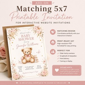 Könnte beinhalten: Eine 5x7 Zoll große, druckbare Babyparty-Einladung mit einem braunen Teddybären, rosa Blumen und goldenen Akzenten. Der Text lautet: Please join us for a baby shower honoring Jennifer Williams, Saturday August 24, 2:00 PM, The Williams Home, 1234 Baby Lane, Houston, TX 12345, RSVP to Jennifer 123-456-7890, Registered at Amazon & Target.