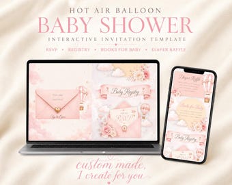 Invitación para baby shower con temática de globos aerostáticos / Invitación digital interactiva personalizada / Invitación para baby shower de niña / Incluye confirmación de asistencia y lista de regalos.
