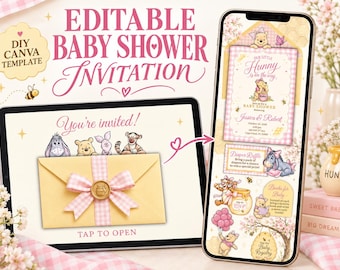 Invitación para baby shower "A Little Hunny", plantilla interactiva editable de Canva con oso rosa y amarillo, invitación para baby shower con oso Hunny