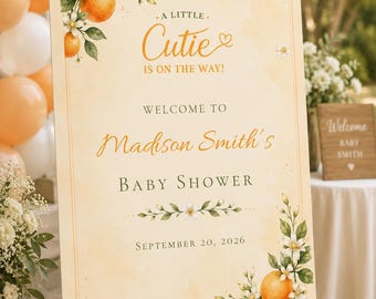 Plantilla de cartel de bienvenida "Un pequeño tesoro está en camino", cartel de bienvenida editable para baby shower, decoración para baby shower en tonos naranja cítrico, plantilla de Canva de 18x24.