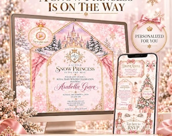 Invitación para baby shower de invierno para niña, invitación de princesa de nieve, país de las maravillas invernal rosa, invitación digital interactiva personalizada para baby shower.