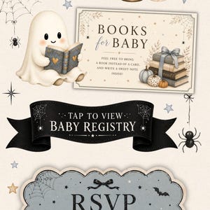 May include: A collection of digital baby shower invitation cards featuring Halloween themes. Elements include a ghost reading a book, black candles, pumpkins, spiderwebs, and bats. Text includes Diaper Raffle, Books for Baby, Baby Registry, and RSVP.