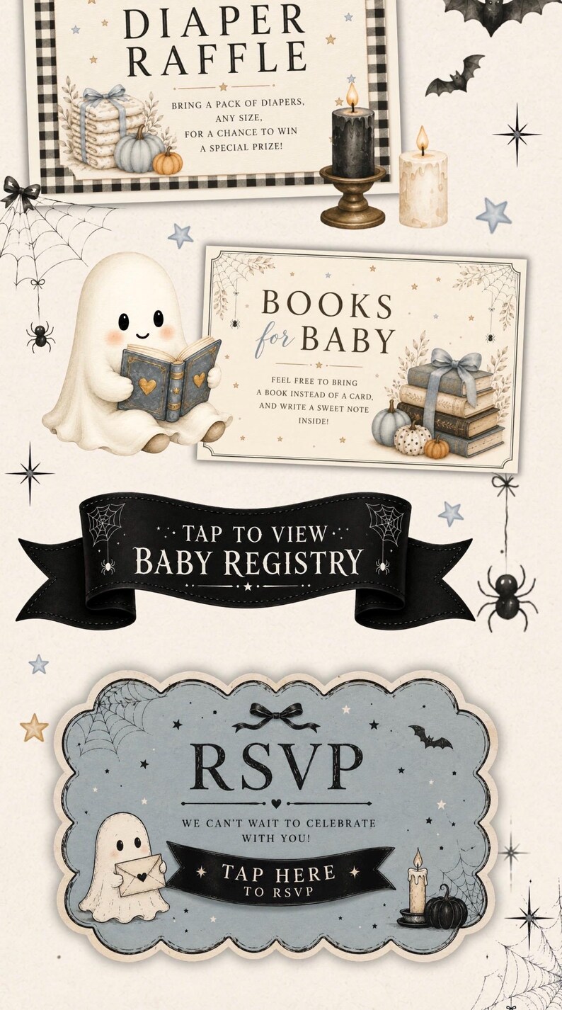 May include: A collection of digital baby shower invitation cards featuring Halloween themes. Elements include a ghost reading a book, black candles, pumpkins, spiderwebs, and bats. Text includes Diaper Raffle, Books for Baby, Baby Registry, and RSVP.