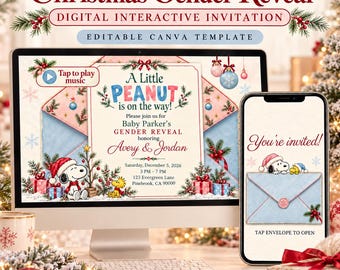 Op de afbeelding: Een digitale interactieve uitnodigingssjabloon voor een kerst gender reveal op een computermonitor en smartphone. Het ontwerp bevat Snoopy en Woodstock, kerstversieringen en de tekst A Little PEANUT is on the way!