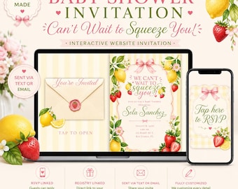 Op de afbeelding: Een digitale babyshower-uitnodiging op een laptop- en smartphonescherm. Het ontwerp bevat citroenen, aardbeien en roze strikken met de tekst "We Can't Wait to Squeeze You!" en "Tap here to RSVP". De uitnodiging bevat een envelopafbeelding met een aardbeien-lakzegel.