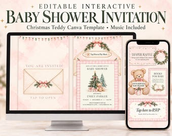 Invitación para baby shower navideño, sitio web editable en Canva, invitación interactiva con osito de peluche rosa y música.