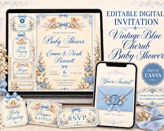 Invitación digital para baby shower con querubín azul vintage, plantilla editable de Canva, invitación interactiva para niño, registro de RSVP con música.