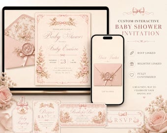 Invitación vintage para baby shower con querubines, invitación interactiva para baby shower, baby shower con lazo rosa coqueto, invitación de lujo para baby shower con ángeles.