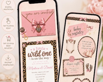 Invitación digital personalizada para baby shower con temática de animales salvajes / Invitación para baby shower con estampado de leopardo rosa / Invitación desplazable para confirmación de asistencia y registro de regalos