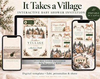 Op de afbeelding: Een interactieve digitale babyshower uitnodigingssjabloon weergegeven op een computermonitor en twee smartphones. Het ontwerp toont een besneeuwd dorp met tekst zoals It Takes a Village, Diaper Raffle en RSVP.