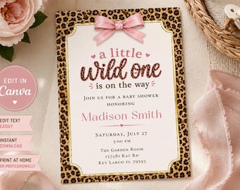 Plantilla de invitación para baby shower con estampado de leopardo rosa, invitación editable para baby shower, invitación con lazo coqueto, plantilla de Canva para baby shower de niña, instantánea