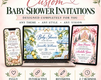 May include: A digital display showing custom baby shower invitations on a smartphone, laptop, and tablet. The designs feature themes like a deer, a seaside scene with lemons and hydrangeas, and a princess castle. Text includes event details.