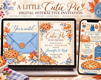 Plantilla de invitación para baby shower "A Little Cutie Pie", invitación digital editable en Canva, baby shower de otoño, invitación interactiva, descarga instantánea.