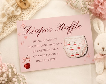 Plantilla de tarjeta para rifa de pañales de baby shower con diseño de cereza, inserto editable para rifa de pañales con diseño de cereza, juego imprimible para baby shower con diseño de coqueta rosa.