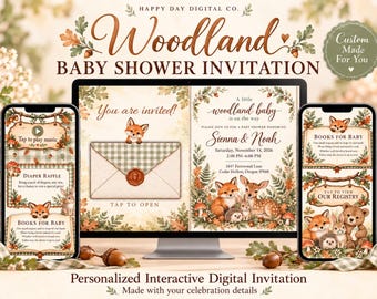 Uitnodiging voor een babyshower met bosdieren, gepersonaliseerde interactieve digitale uitnodiging met bosdieren