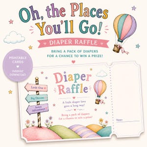 Peut inclure: Une invitation de baby shower fantaisiste avec le texte "Oh, the Places You'll Go !" et "Diaper Raffle". Le design comprend une montgolfière, un poteau indicateur avec des flèches et les mots "Little One", "Big Dreams" et "Sweet Adventures".