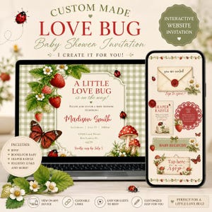 May include: A digital baby shower invitation displayed on a laptop and smartphone screen featuring a green gingham background, red strawberries, ladybugs, butterflies, and mushrooms with text reading A Little Love Bug is on the way.