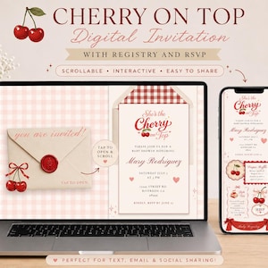 May include: A digital invitation template featuring a cherry theme displayed on a laptop and smartphone. The design includes red cherry illustrations, a gingham pattern, and text reading "She's the Cherry on Top" for a baby shower event.