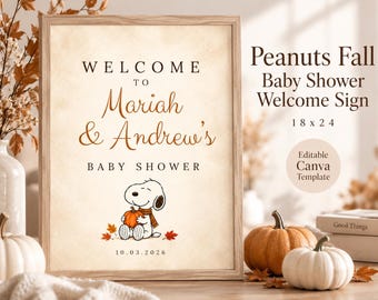 Plantilla de cartel de bienvenida para baby shower de otoño con temática de Peanuts, editable en Canva (18x24), cartel para baby shower de otoño, decoración de calabaza para baby shower, descarga instantánea.