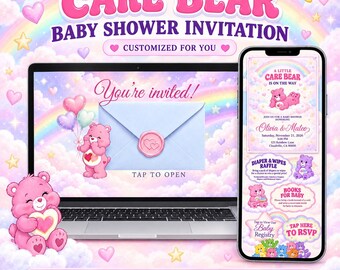 Invitación para baby shower de los Ositos Cariñositos, invitación digital interactiva personalizada, invitación para niña arcoíris, enlaces para confirmación de asistencia y registro.