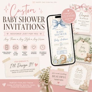 May include: A digital display of custom baby shower invitations featuring a smartphone showing a blue bow and bassinet design, alongside cards for a diaper raffle, baby registry, and books for baby, all set against a soft pink background.