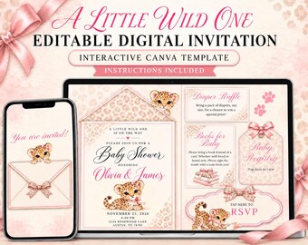 Bewerkbare uitnodiging voor een babyshower met cheetahprint, digitale uitnodiging met roze luipaardprint, Canva-websitesjabloon voor Little Wild One