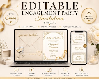 Invitación editable para fiesta de compromiso, plantilla de Canva, invitación digital para compromiso, invitación con clic para abrir, invitación moderna y elegante para fiesta de compromiso.