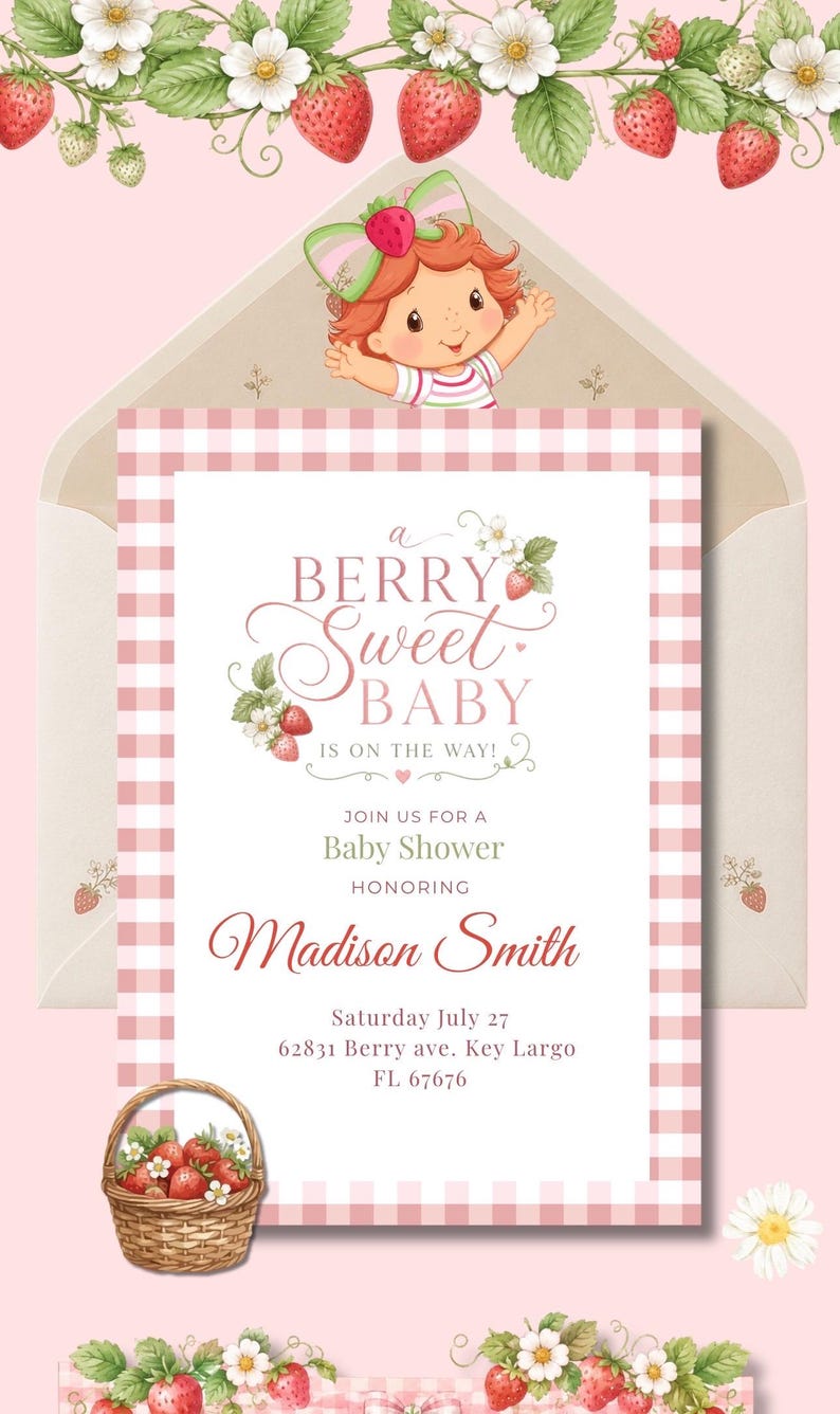 May include: A rectangular baby shower invitation card featuring a pink and white gingham border, decorated with strawberry illustrations and a cartoon character. The text reads: a BERRY sweet BABY IS ON THE WAY! JOIN US FOR A Baby Shower HONORING Madison Smith Saturday July 27 62831 Berry ave. Key Largo FL 67676.