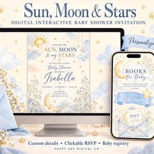 Sun Moon and Stars Baby Shower Invitation, Personalized Digital Interactive Invite, Blue Celestial Theme, RSVP & Registry Links