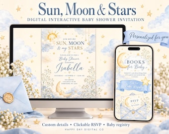 Op de afbeelding: Een digitale interactieve babyshower-uitnodiging weergegeven op een computermonitor en smartphonescherm. Het ontwerp heeft een thema met zon, maan en sterren, zachte blauwe wolken, gouden accenten en tekst zoals Sun, Moon & Stars.