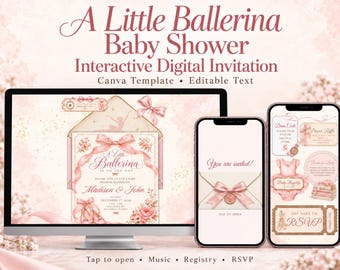 Invitación para baby shower con temática de bailarina, plantilla digital interactiva de Canva, texto editable, lazo rosa coqueto.