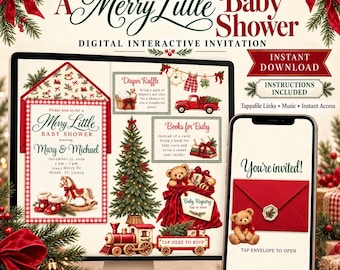 Invitación para baby shower navideño, invitación editable "Feliz pequeño baby shower", invitación digital, invitación interactiva para sitio web en Canva, descarga instantánea.