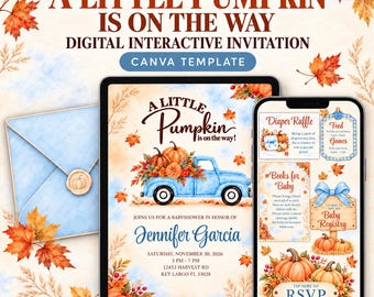 Invitación para baby shower con diseño de calabaza, invitación digital interactiva, plantilla editable de Canva para sitio web, invitación para baby shower con diseño de camión azul y envío gratuito. Confirmación de asistencia.