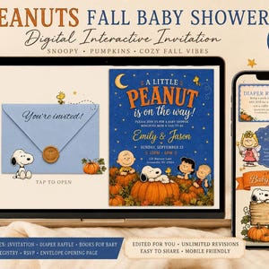 May include: A digital interactive Peanuts-themed baby shower invitation set displayed on a laptop and smartphone. The design features Snoopy, Charlie Brown, and friends with pumpkins, stars, and text including A LITTLE PEANUT IS ON THE WAY.