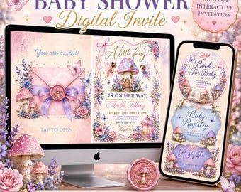 Op de afbeelding: Een digitale babyshower uitnodigingsset met een betoverend sprookjestuin-thema, voorzien van roze en paarse bloemen, paddenstoelen en vlinders. Het ontwerp bevat interactieve elementen voor boekenwensen, een babyregister en RSVP.