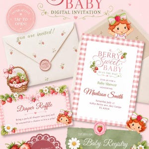 May include: A digital baby shower invitation set featuring strawberry and white flower illustrations on a pink background. Text includes A BERRY SWEET BABY, Diaper Raffle, Baby Registry, and TAP HERE TO RSVP, with a cartoon character with red hair.