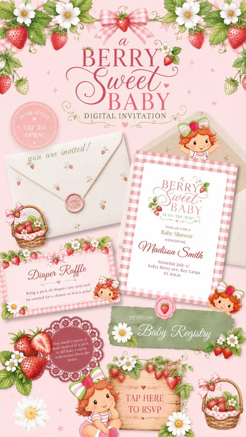 May include: A digital baby shower invitation set featuring strawberry and white flower illustrations on a pink background. Text includes A BERRY SWEET BABY, Diaper Raffle, Baby Registry, and TAP HERE TO RSVP, with a cartoon character with red hair.