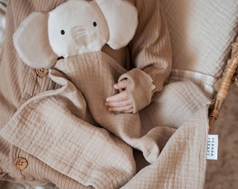Personalisiertes Schmusetuch mit Namen – Elefant Baby Geschenk zur Geburt – Cotton Baby Comforter – neutrales Geschenk