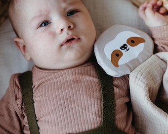 Personalisiertes Schmusetuch mit Namen – Faultier Baby Geschenk zur Geburt – Cotton Baby Comforter – neutrales Geschenk