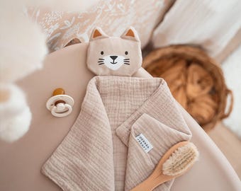Personalisiertes Schmusetuch mit Namen – Katze Baby Geschenk zur Geburt – Cotton Baby Comforter – neutrales Geschenk